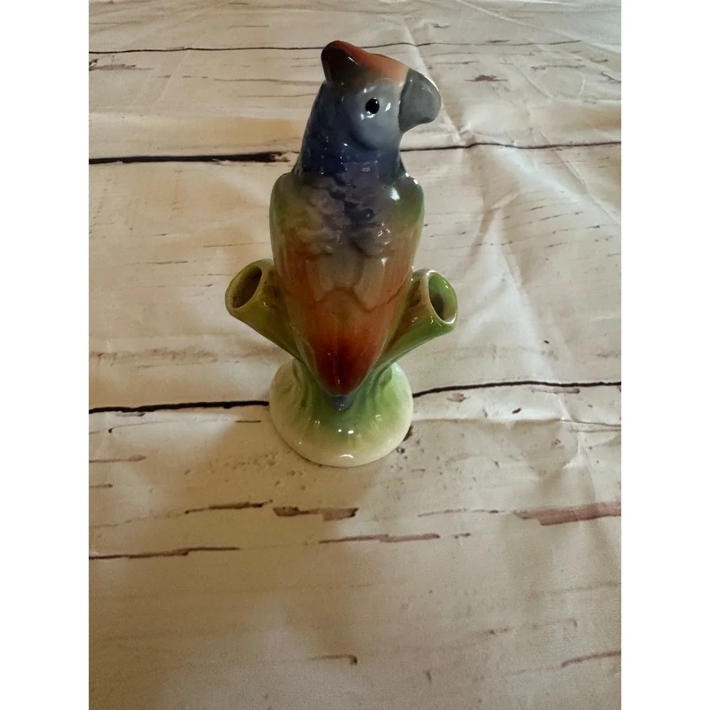 Vintage Art Deco Czechoslovakian Ceramic Parrot Bud Vase Tree Stump Flower Frog